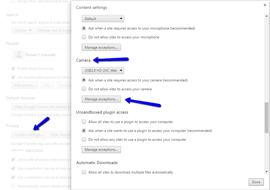 Manage Exceptions Button under Privacy